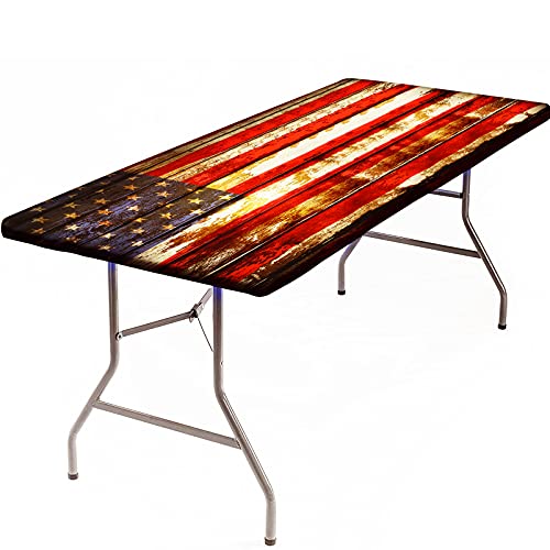 Elastic Fitted Tablecloth, American Flag Symbolism Over Old Rusty Tones Weathered Vintage Social Plank Rectangle Table Cover, Waterproof Table Cloth for Outdoor Picnic Camping Parties, 30x72 Inch