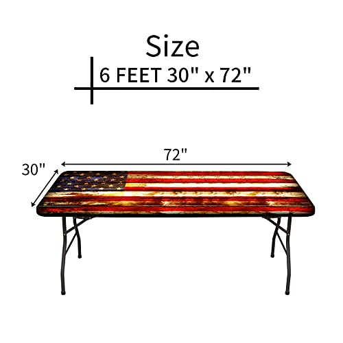 Elastic Fitted Tablecloth, American Flag Symbolism Over Old Rusty Tones Weathered Vintage Social Plank Rectangle Table Cover, Waterproof Table Cloth for Outdoor Picnic Camping Parties, 30x72 Inch