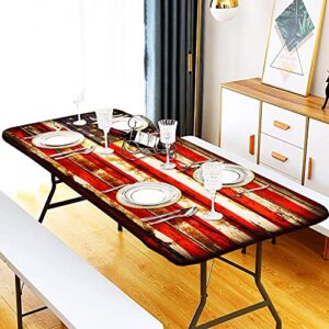 Elastic Fitted Tablecloth, American Flag Symbolism Over Old Rusty Tones Weathered Vintage Social Plank Rectangle Table Cover, Waterproof Table Cloth for Outdoor Picnic Camping Parties, 30x72 Inch