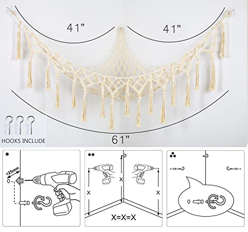 Stuffed Animal Net or Hammock Macrame Toy Hammock Plush Toy Storage Hammock Corner Hanging Mesh Boho Nursery Organizer for Kidroom Playroom-Cream