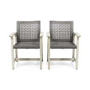 eartha outdoor acacia wood and wicker dining chair (set of 2), light gray wash and mix black