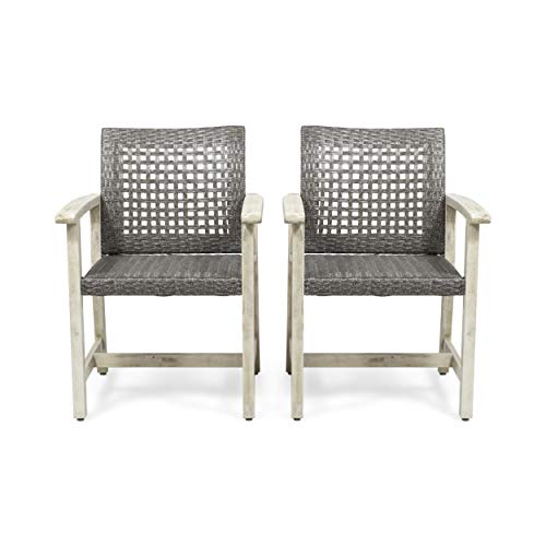 Eartha Outdoor Acacia Wood and Wicker Dining Chair (Set of 2), Light Gray Wash and Mix Black