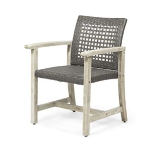 Eartha Outdoor Acacia Wood and Wicker Dining Chair (Set of 2), Light Gray Wash and Mix Black