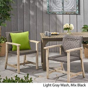 Eartha Outdoor Acacia Wood and Wicker Dining Chair (Set of 2), Light Gray Wash and Mix Black