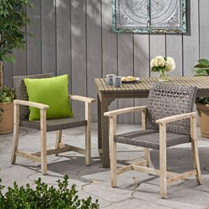 Eartha Outdoor Acacia Wood and Wicker Dining Chair (Set of 2), Light Gray Wash and Mix Black