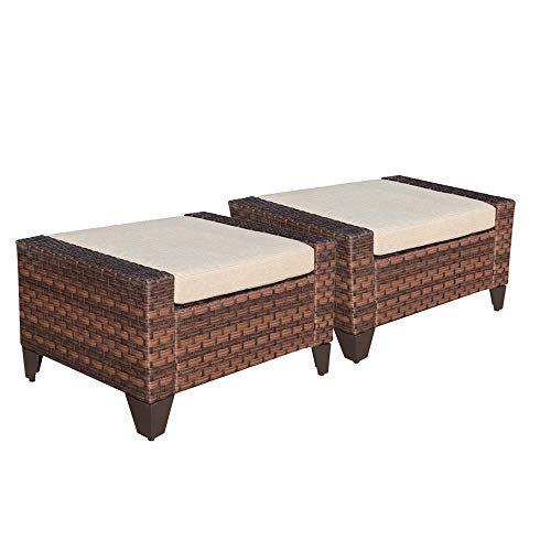 SUNSITT 2 Pieces Patio Furniture Ottoman Outdoor Wicker Footstool with Beige Cushion, Waterproof Furniture Cover