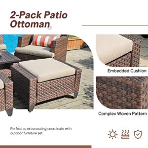 SUNSITT 2 Pieces Patio Furniture Ottoman Outdoor Wicker Footstool with Beige Cushion, Waterproof Furniture Cover