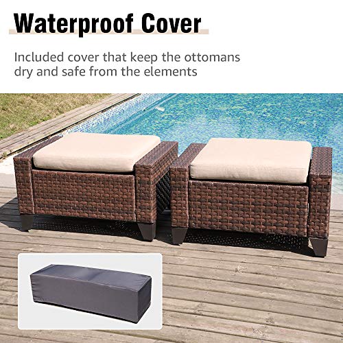 SUNSITT 2 Pieces Patio Furniture Ottoman Outdoor Wicker Footstool with Beige Cushion, Waterproof Furniture Cover