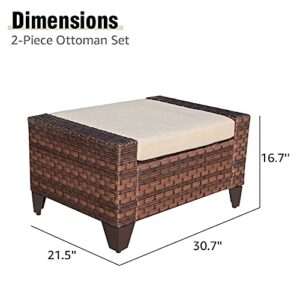 SUNSITT 2 Pieces Patio Furniture Ottoman Outdoor Wicker Footstool with Beige Cushion, Waterproof Furniture Cover