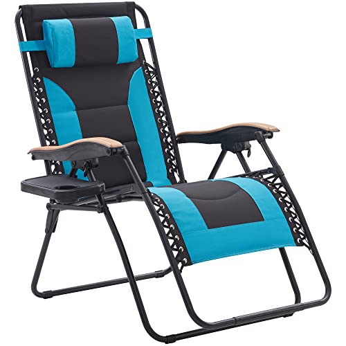 Farini Zero Gravity Chair Lounge Chair Outdoor, XXL Reclining Patio Chair with Polyester Fabric Back Adjustable Pillow and Detachable Cup Holder, Oversized Support 350 lbs, Light Blue and Black