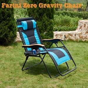 Farini Zero Gravity Chair Lounge Chair Outdoor, XXL Reclining Patio Chair with Polyester Fabric Back Adjustable Pillow and Detachable Cup Holder, Oversized Support 350 lbs, Light Blue and Black