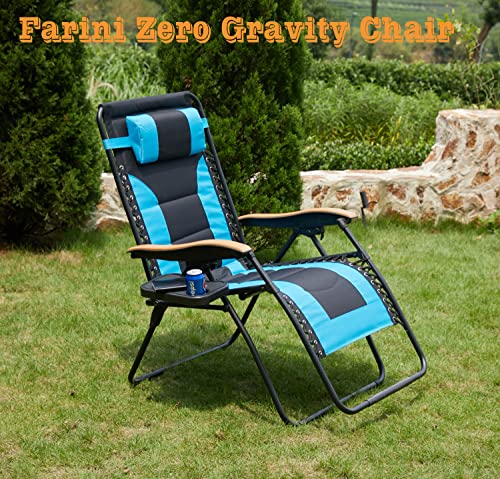 Farini Zero Gravity Chair Lounge Chair Outdoor, XXL Reclining Patio Chair with Polyester Fabric Back Adjustable Pillow and Detachable Cup Holder, Oversized Support 350 lbs, Light Blue and Black