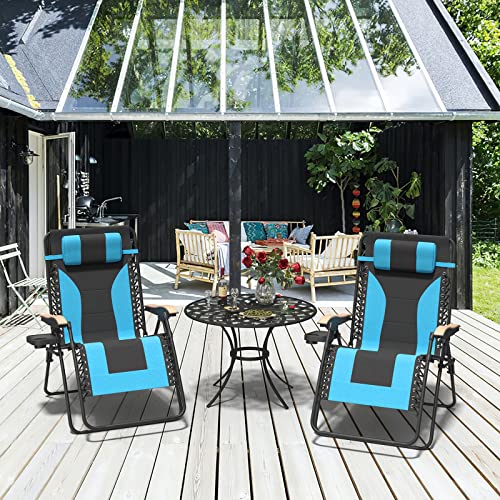 Farini Zero Gravity Chair Lounge Chair Outdoor, XXL Reclining Patio Chair with Polyester Fabric Back Adjustable Pillow and Detachable Cup Holder, Oversized Support 350 lbs, Light Blue and Black