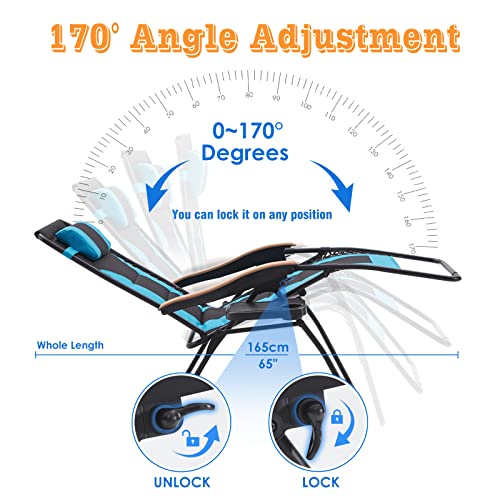 Farini Zero Gravity Chair Lounge Chair Outdoor, XXL Reclining Patio Chair with Polyester Fabric Back Adjustable Pillow and Detachable Cup Holder, Oversized Support 350 lbs, Light Blue and Black