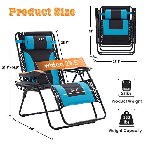 Farini Zero Gravity Chair Lounge Chair Outdoor, XXL Reclining Patio Chair with Polyester Fabric Back Adjustable Pillow and Detachable Cup Holder, Oversized Support 350 lbs, Light Blue and Black