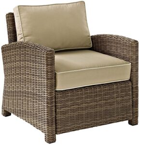 crosley furniture ko70023wb-sa bradenton outdoor wicker armchair patio chair for porch, balcony, back yard, brown with neutral sand cushions