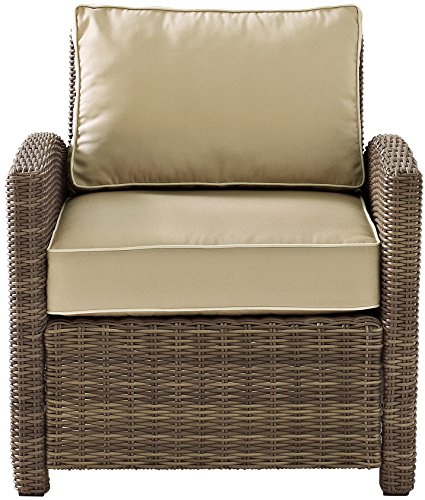 Crosley Furniture KO70023WB-SA Bradenton Outdoor Wicker Armchair Patio Chair for Porch, Balcony, Back Yard, Brown with Neutral Sand Cushions