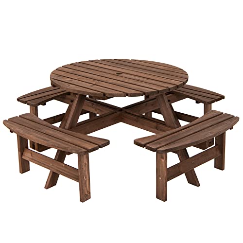 Giantex Wooden Picnic Table Set with Wood Bench, 4 Adults or 8 Kids Outdoor Round Table with Umbrella Hold Design, Perfect for Outdoor Garden Yard Pub Beer Dining, Dark Brown