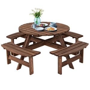 Giantex Wooden Picnic Table Set with Wood Bench, 4 Adults or 8 Kids Outdoor Round Table with Umbrella Hold Design, Perfect for Outdoor Garden Yard Pub Beer Dining, Dark Brown