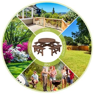 Giantex Wooden Picnic Table Set with Wood Bench, 4 Adults or 8 Kids Outdoor Round Table with Umbrella Hold Design, Perfect for Outdoor Garden Yard Pub Beer Dining, Dark Brown