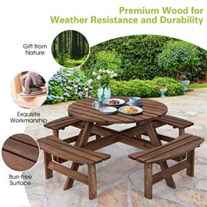 Giantex Wooden Picnic Table Set with Wood Bench, 4 Adults or 8 Kids Outdoor Round Table with Umbrella Hold Design, Perfect for Outdoor Garden Yard Pub Beer Dining, Dark Brown