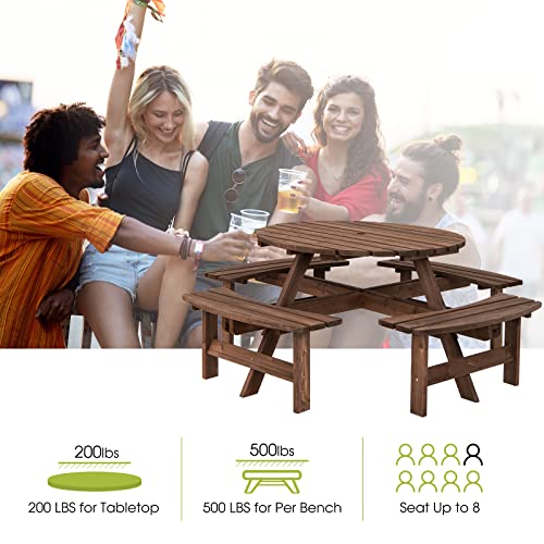 Giantex Wooden Picnic Table Set with Wood Bench, 4 Adults or 8 Kids Outdoor Round Table with Umbrella Hold Design, Perfect for Outdoor Garden Yard Pub Beer Dining, Dark Brown