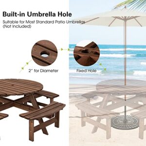 Giantex Wooden Picnic Table Set with Wood Bench, 4 Adults or 8 Kids Outdoor Round Table with Umbrella Hold Design, Perfect for Outdoor Garden Yard Pub Beer Dining, Dark Brown