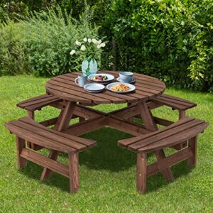 Giantex Wooden Picnic Table Set with Wood Bench, 4 Adults or 8 Kids Outdoor Round Table with Umbrella Hold Design, Perfect for Outdoor Garden Yard Pub Beer Dining, Dark Brown