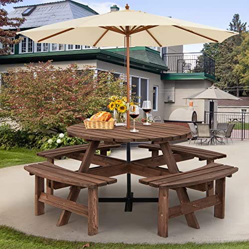 Giantex Wooden Picnic Table Set with Wood Bench, 4 Adults or 8 Kids Outdoor Round Table with Umbrella Hold Design, Perfect for Outdoor Garden Yard Pub Beer Dining, Dark Brown