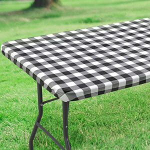 smiry rectangle table cloth cover, elastic waterproof fitted vinyl table covers for 6 ft tables, flannel backed buffalo plaid tablecloth for picnic, camping, outdoor (black and white, 30 x 72 inches)