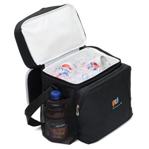 mojecto medium size cooler lunch bag with removable leakproof plastic hardliner bucket. dual compartment, 600d strong polyester, thick foam insulation, large pockets and zippers.