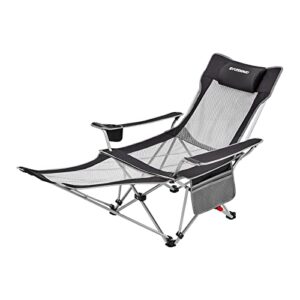 fundango reclining camping chair with foot rest, portable folding reclining chair, outdoor folding lounge chairs with armrest, 64.9x22.8x28.7inches, black/mediumgrey