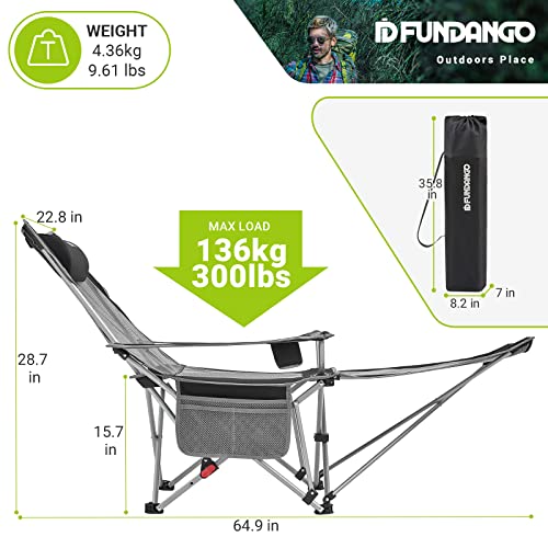 FUNDANGO Reclining Camping Chair with Foot Rest, Portable Folding Reclining Chair, Outdoor Folding Lounge Chairs with Armrest, 64.9X22.8X28.7inches, Black/MediumGrey