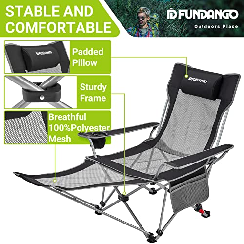 FUNDANGO Reclining Camping Chair with Foot Rest, Portable Folding Reclining Chair, Outdoor Folding Lounge Chairs with Armrest, 64.9X22.8X28.7inches, Black/MediumGrey