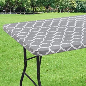 smiry rectangle tablecloth, waterproof elastic fitted table covers for 6 foot tables, wipeable flannel backed vinyl tablecloths for picnic, camping, indoor, outdoor (grey morocco, 30×72 inches)