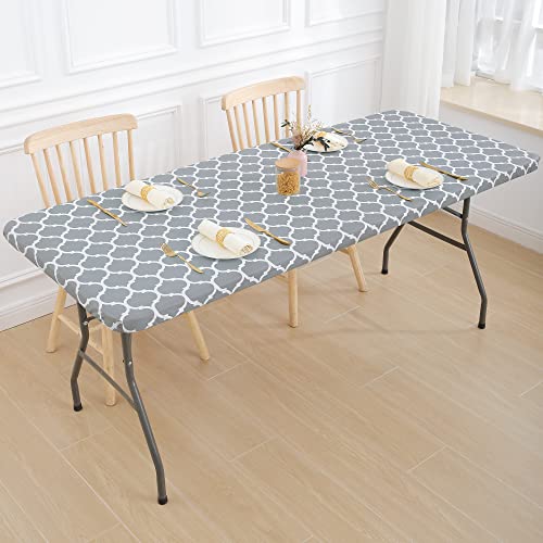 smiry Rectangle Tablecloth, Waterproof Elastic Fitted Table Covers for 6 Foot Tables, Wipeable Flannel Backed Vinyl Tablecloths for Picnic, Camping, Indoor, Outdoor (Grey Morocco, 30x72 Inches)