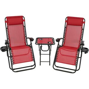 sunnydaze outdoor zero gravity reclining lounge chairs set of 2 with pillows, cup holders and matching table with built-in cup holders, red