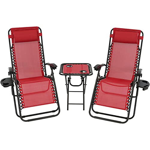 Sunnydaze Outdoor Zero Gravity Reclining Lounge Chairs Set of 2 with Pillows, Cup Holders and Matching Table with Built-in Cup Holders, Red