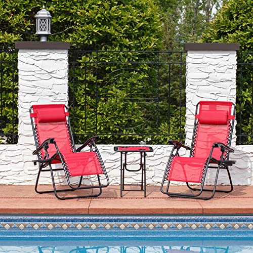 Sunnydaze Outdoor Zero Gravity Reclining Lounge Chairs Set of 2 with Pillows, Cup Holders and Matching Table with Built-in Cup Holders, Red