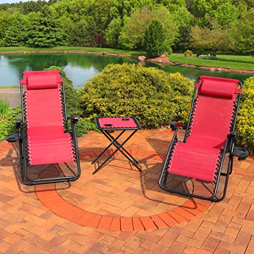 Sunnydaze Outdoor Zero Gravity Reclining Lounge Chairs Set of 2 with Pillows, Cup Holders and Matching Table with Built-in Cup Holders, Red