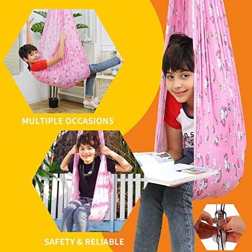 Therapy Sensory Swing for Kids, Indoor Outdoor Special Needs Cuddle Snuggle Swings, Room Ceiling Lycra Fabric Pink Hammock, Gift for Children Girls Teens ADHD, Autism, Aspergers, Sensory Integration