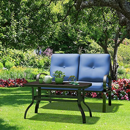 n/a 2PC Patio Love Seat Coffee Table Furniture Set Bench W/Cushions Blue Loveseat Coffee Table