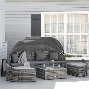 Outsunny Outdoor Daybed with Retractable Canopy 4 Pieces Wicker Rattan Sectional Sofa Set Patio Furniture with Washable Cushions for Lawn, Garden, Backyard, Poolside, Grey