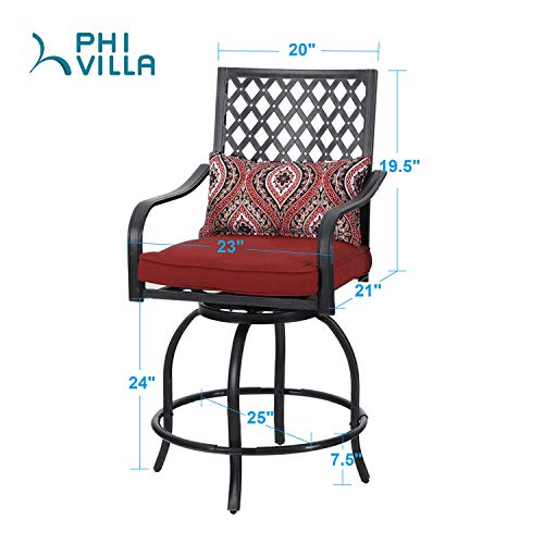 PHI VILLA Patio Swivel Bar Stools Set of 2, Outdoor Bar Height Bistro Dining Chairs, All-Weather Patio Metal Furniture Set with Armrest and Seat Cushion for Garden Backyard Lawn, Red