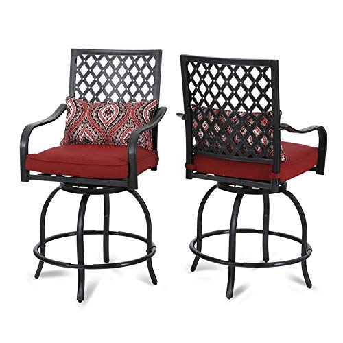 PHI VILLA Patio Swivel Bar Stools Set of 2, Outdoor Bar Height Bistro Dining Chairs, All-Weather Patio Metal Furniture Set with Armrest and Seat Cushion for Garden Backyard Lawn, Red