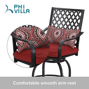 PHI VILLA Patio Swivel Bar Stools Set of 2, Outdoor Bar Height Bistro Dining Chairs, All-Weather Patio Metal Furniture Set with Armrest and Seat Cushion for Garden Backyard Lawn, Red