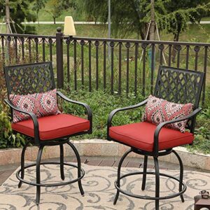 PHI VILLA Patio Swivel Bar Stools Set of 2, Outdoor Bar Height Bistro Dining Chairs, All-Weather Patio Metal Furniture Set with Armrest and Seat Cushion for Garden Backyard Lawn, Red