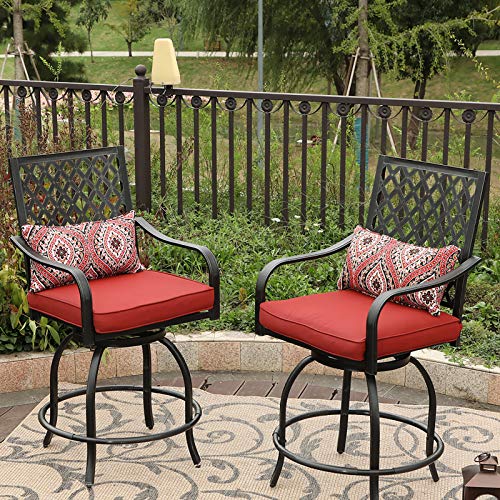 PHI VILLA Patio Swivel Bar Stools Set of 2, Outdoor Bar Height Bistro Dining Chairs, All-Weather Patio Metal Furniture Set with Armrest and Seat Cushion for Garden Backyard Lawn, Red