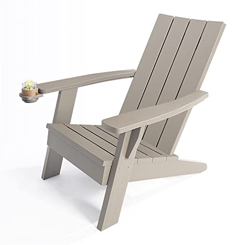 LovoIn Adirondack Chair Outdoor Patio Chairs with Cup Holder, Low-Maintenance Weather-Resistant Poolside Chair for Deck, Garden, Fire Pit, Modern Design, Max Weight 350lbs, Taupe