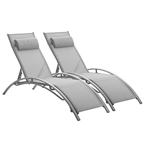 Outdoor Patio Chaise Lounge Chair Set of 2,5 Adjustable Backrest Sun Recliner Chair with Removable Pillow Suitable for Poolside,Garden,Balcony,Beach,Yard